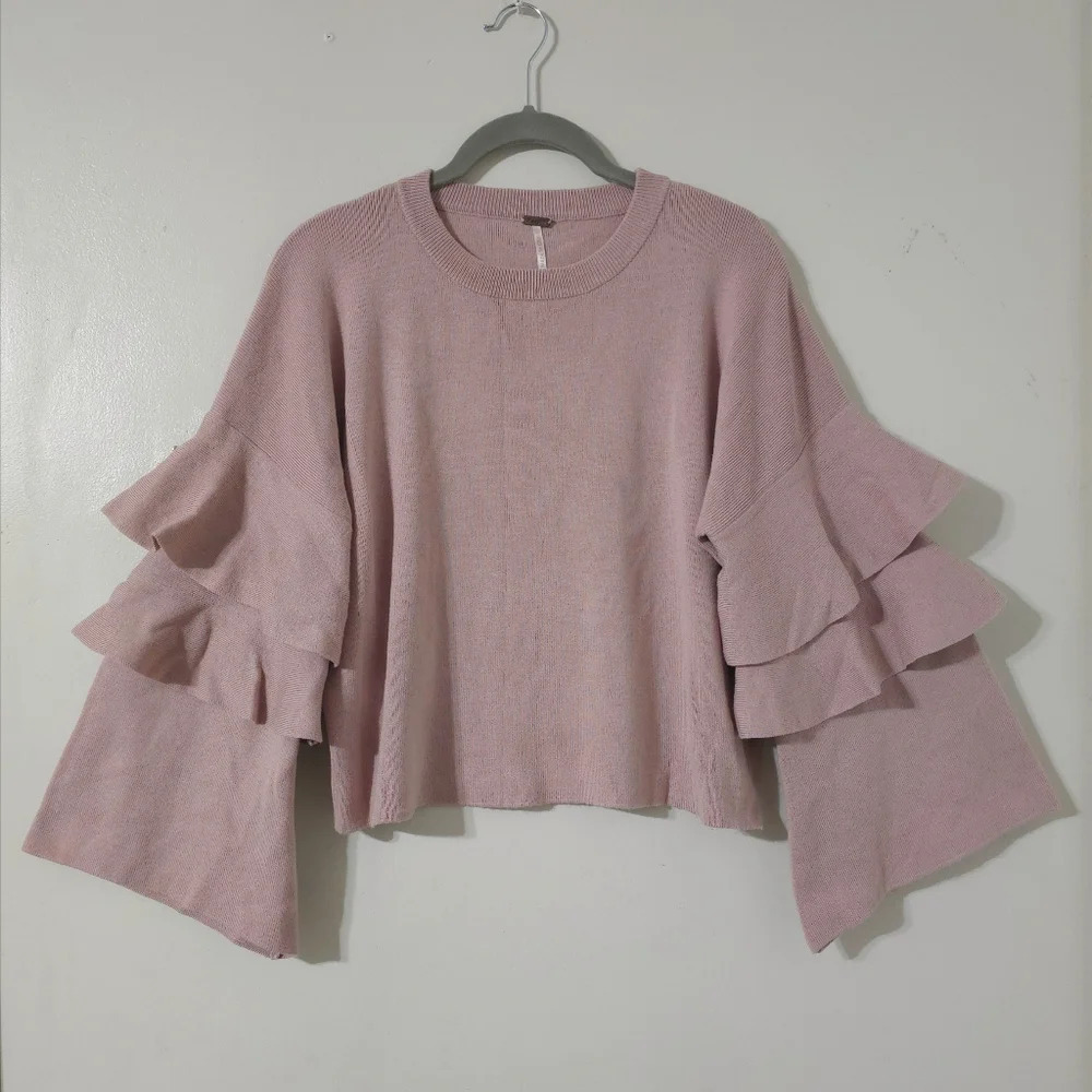 ✨️4/$20 POOF! Dusty Mauve Cropped Knit Crewneck Sweater Long Tiered Bell Sleeves - Picture 2 of 14